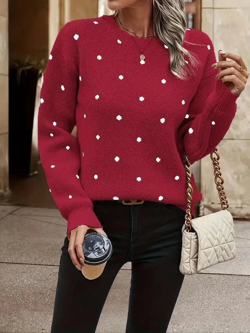 Damen Strickpullover - Gepunktetes Design - Lockerer Sitz - Rundhals - Lange Ärmel