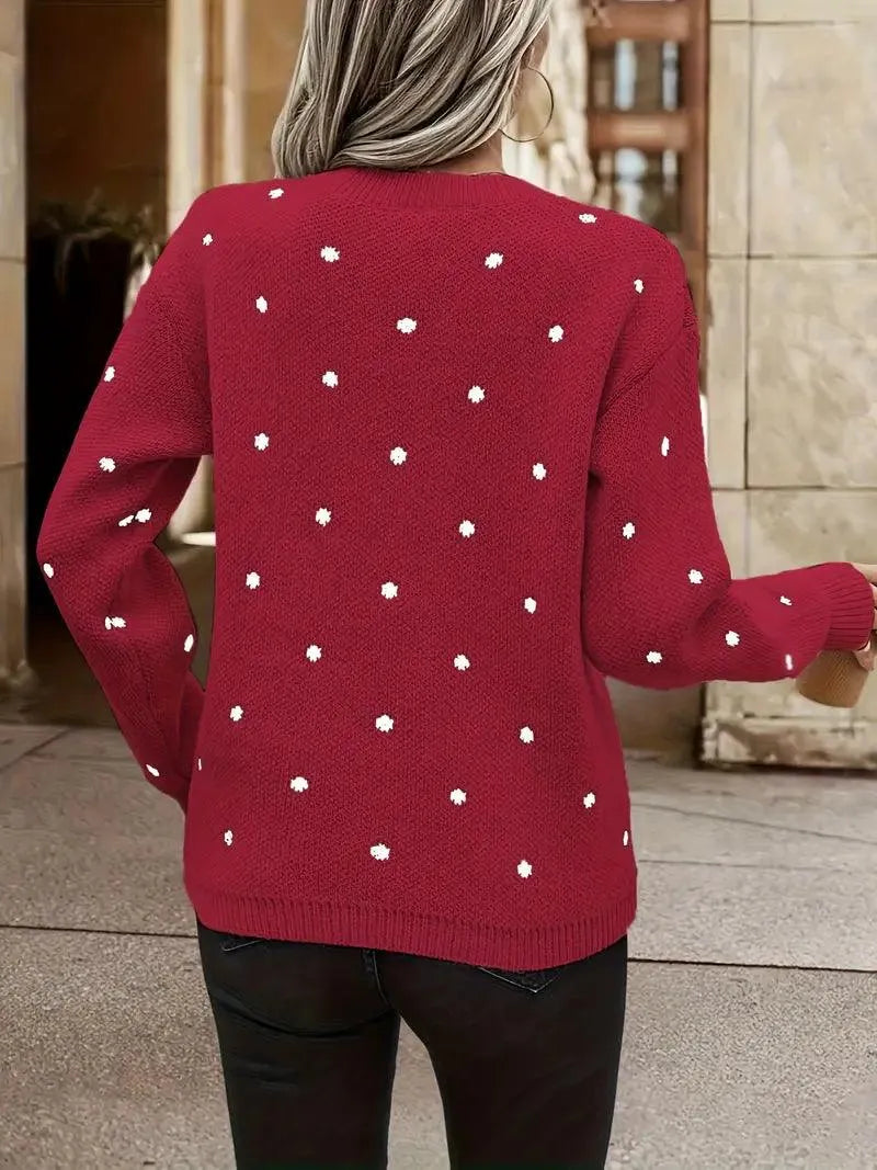 Damen Strickpullover - Gepunktetes Design - Lockerer Sitz - Rundhals - Lange Ärmel