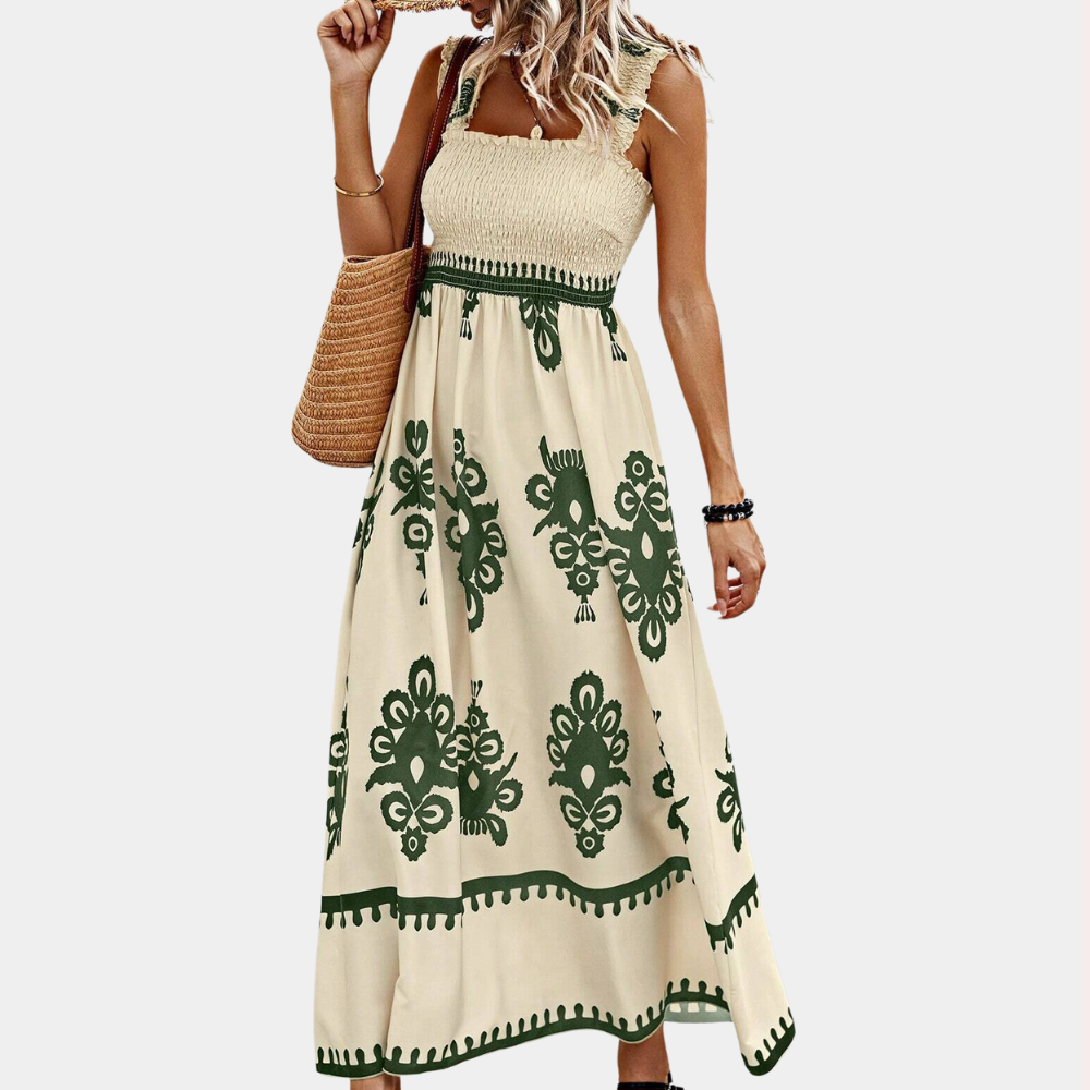 Damen Maxi Kleid - Ärmellos mit Smok-Oberteil - Quadratausschnitt - Luftig und Elegant