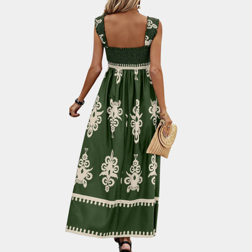 Damen Maxi Kleid - Ärmellos mit Smok-Oberteil - Quadratausschnitt - Luftig und Elegant