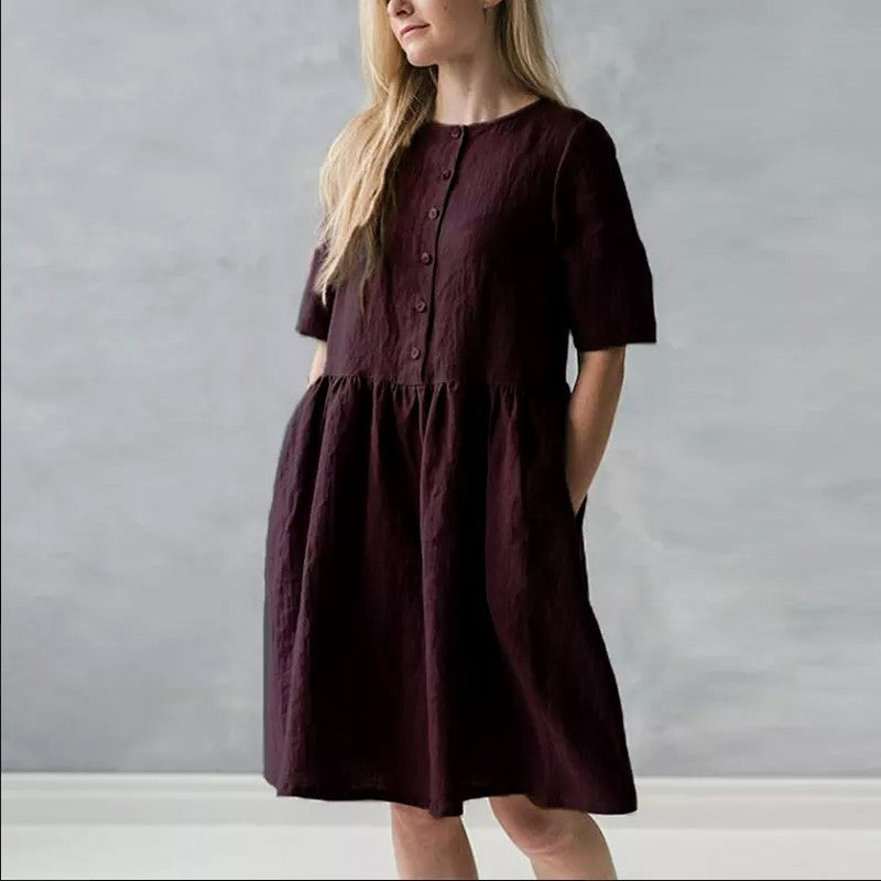 Damen Midi Kleid – Baumwoll Leinen Mix – Relaxed Fit – Kurzarm mit Knopfleiste & Taschen