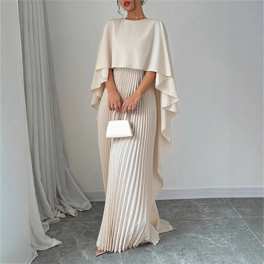 Damen Maxikleid – Chiffon Look – Fliessender Schnitt – Faltenrock – Fledermausärmel – Hoher Kragen
