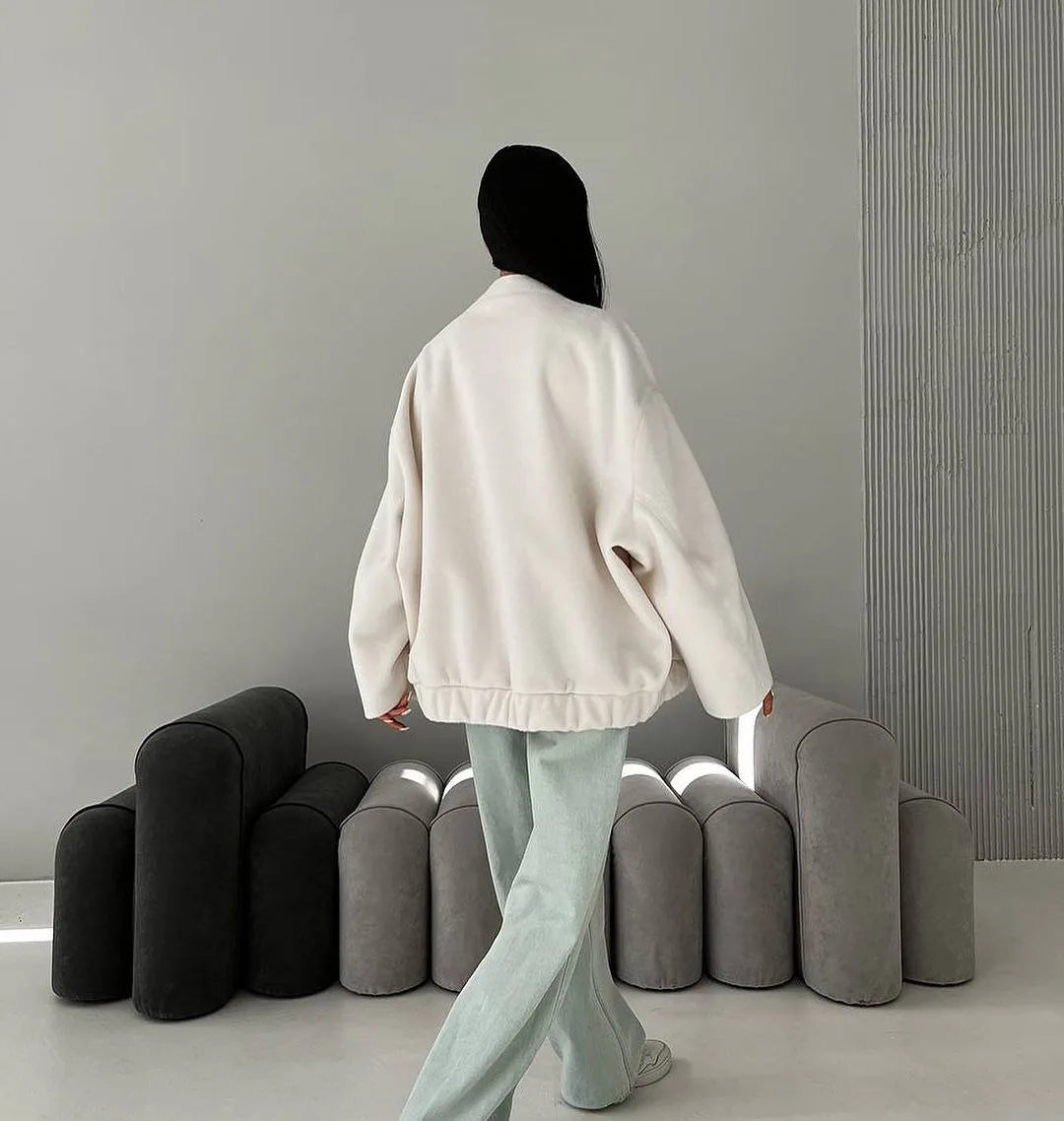 Damen-Bomberjacke - Oversized-Passform - Stehkragen - Mit Druckknöpfen und Taschen