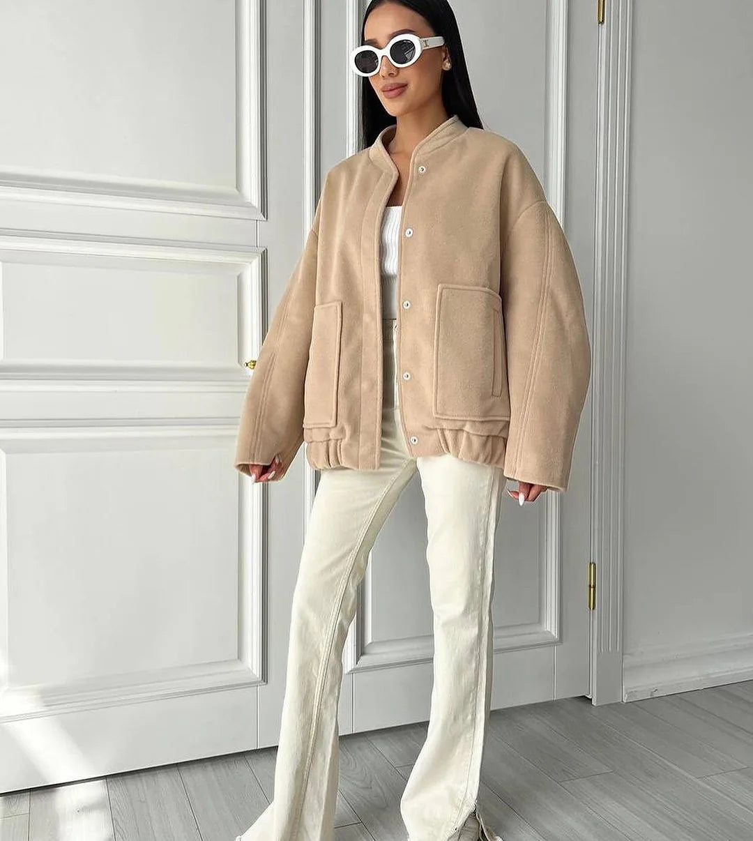Damen-Bomberjacke - Oversized-Passform - Stehkragen - Mit Druckknöpfen und Taschen