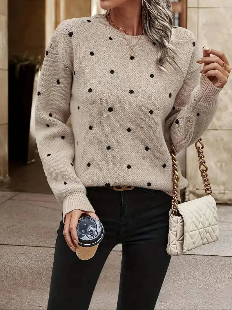 Damen Strickpullover - Gepunktetes Design - Lockerer Sitz - Rundhals - Lange Ärmel
