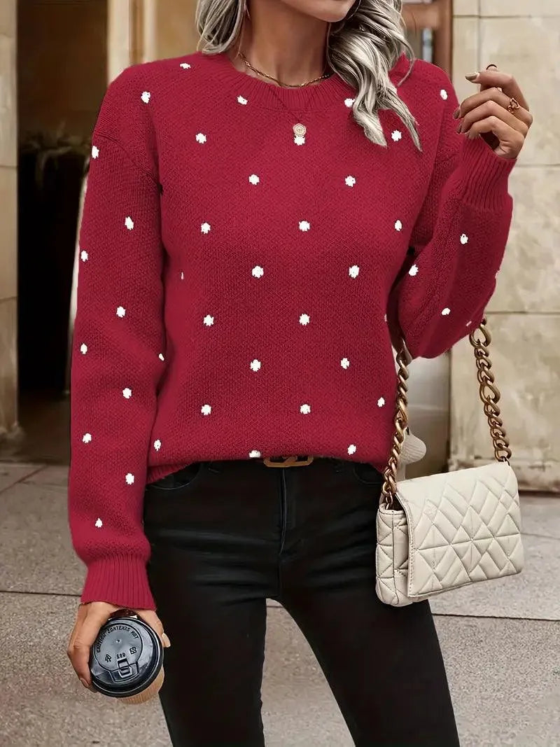 Damen Strickpullover - Gepunktetes Design - Lockerer Sitz - Rundhals - Lange Ärmel