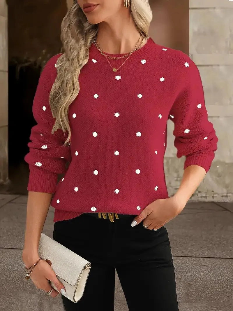 Damen Strickpullover - Gepunktetes Design - Lockerer Sitz - Rundhals - Lange Ärmel