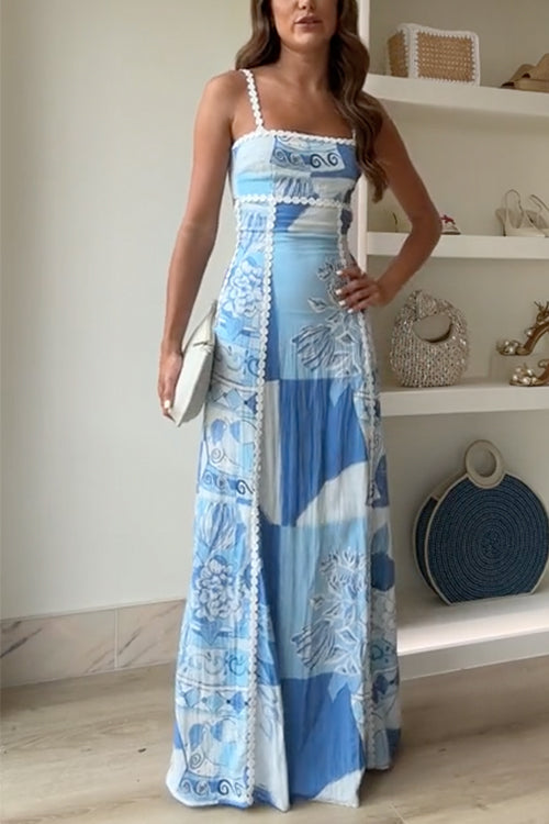 Damen Maxikleid – Spaghettiträger – Spitzenbesatz – Schleife hinten – Lockere Passform