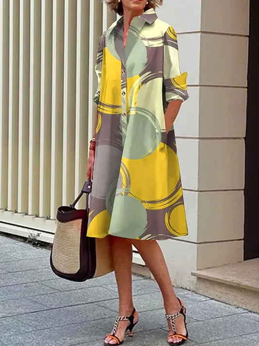 Damen Kleid - Lockere A-Linie - Knopfleiste & Kragen - 3/4-Ärmel mit Taschen