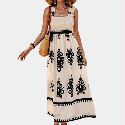 Damen Maxi Kleid - Ärmellos mit Smok-Oberteil - Quadratausschnitt - Luftig und Elegant