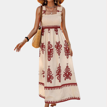 Damen Maxi Kleid - Ärmellos mit Smok-Oberteil - Quadratausschnitt - Luftig und Elegant