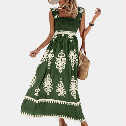 Damen Maxi Kleid - Ärmellos mit Smok-Oberteil - Quadratausschnitt - Luftig und Elegant