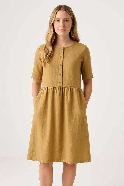 Damen Midi Kleid – Baumwoll Leinen Mix – Relaxed Fit – Kurzarm mit Knopfleiste & Taschen