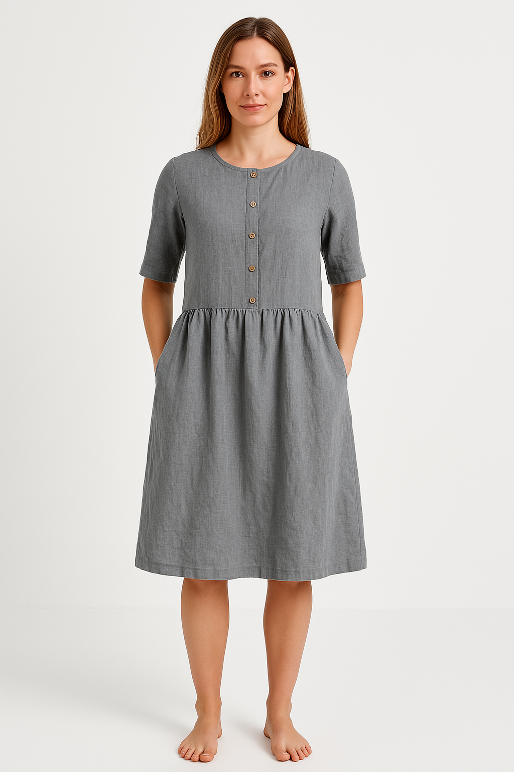 Damen Midi Kleid – Baumwoll Leinen Mix – Relaxed Fit – Kurzarm mit Knopfleiste & Taschen