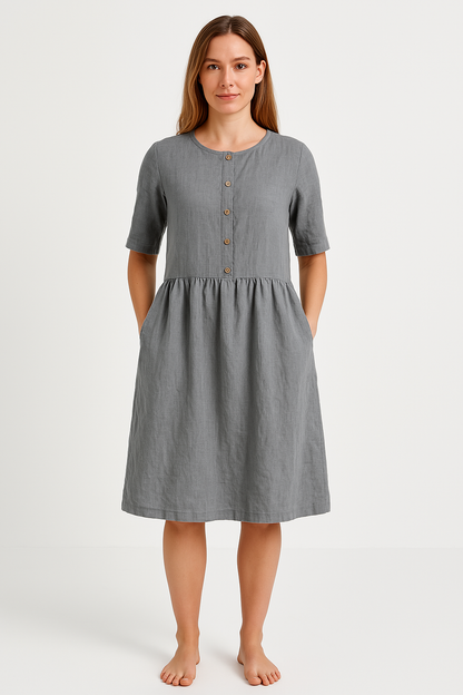 Damen Midi Kleid – Baumwoll Leinen Mix – Relaxed Fit – Kurzarm mit Knopfleiste & Taschen