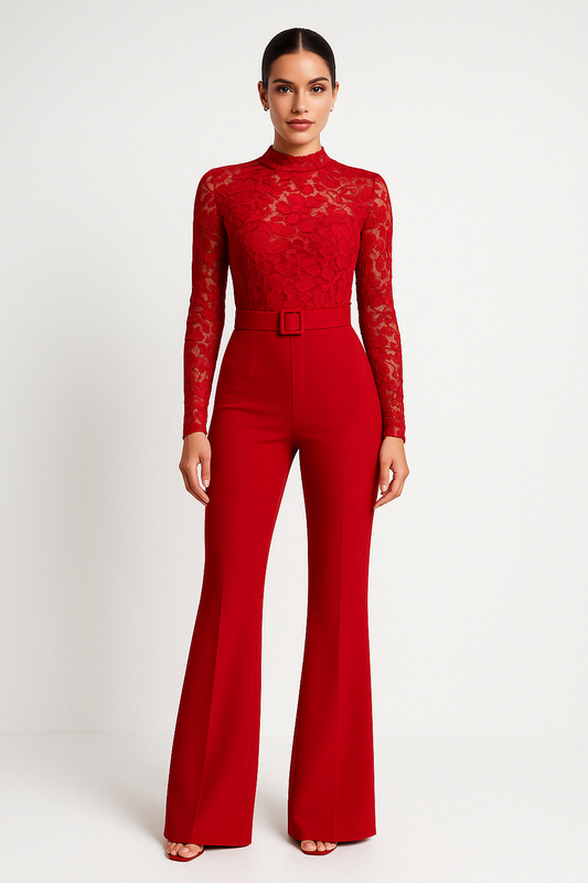 Damen Jumpsuit – Tailorierter Schnitt – Spitze Oberteil – Schlaghose – Gürtel Taille