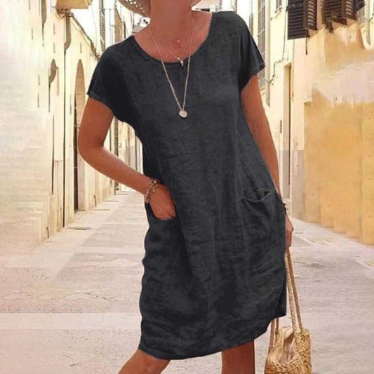 Damen Freizeitkleid – A-Linie – Rundhals – Kurzarm – Mit Taschen – Luftig & Bequem