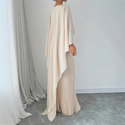 Damen Maxikleid – Chiffon Look – Fliessender Schnitt – Faltenrock – Fledermausärmel – Hoher Kragen
