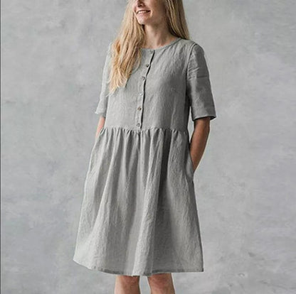 Damen Midi Kleid – Baumwoll Leinen Mix – Relaxed Fit – Kurzarm mit Knopfleiste & Taschen