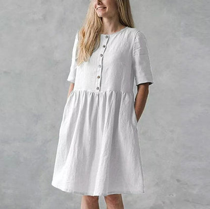 Damen Midi Kleid – Baumwoll Leinen Mix – Relaxed Fit – Kurzarm mit Knopfleiste & Taschen