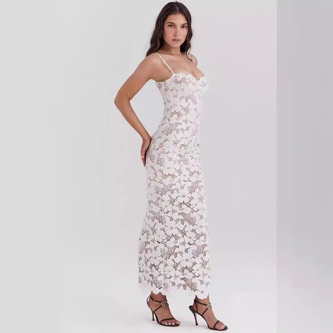 Damen Slip Kleid – Spitze – Figurbetont – Herz-Ausschnitt – Lang Elegantes Abendkleid