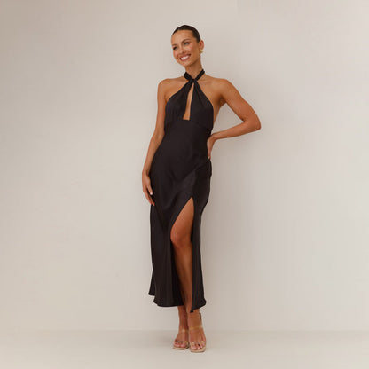 Damen Abendkleid – Satin – Halterneck mit Frontschlitz – Figurbetont – Lang