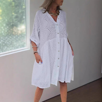 Damen Midikleid – A-Linie – V-Ausschnitt – 3/4 Ärmel – Spitze mit Knöpfen – Taschen