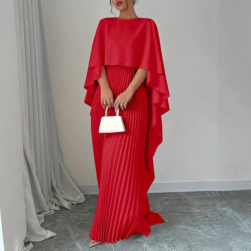 Damen Maxikleid – Chiffon Look – Fliessender Schnitt – Faltenrock – Fledermausärmel – Hoher Kragen