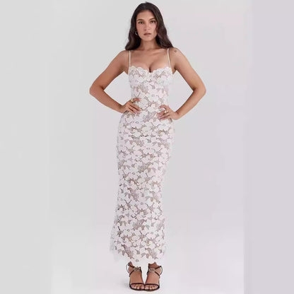 Damen Slip Kleid – Spitze – Figurbetont – Herz-Ausschnitt – Lang Elegantes Abendkleid