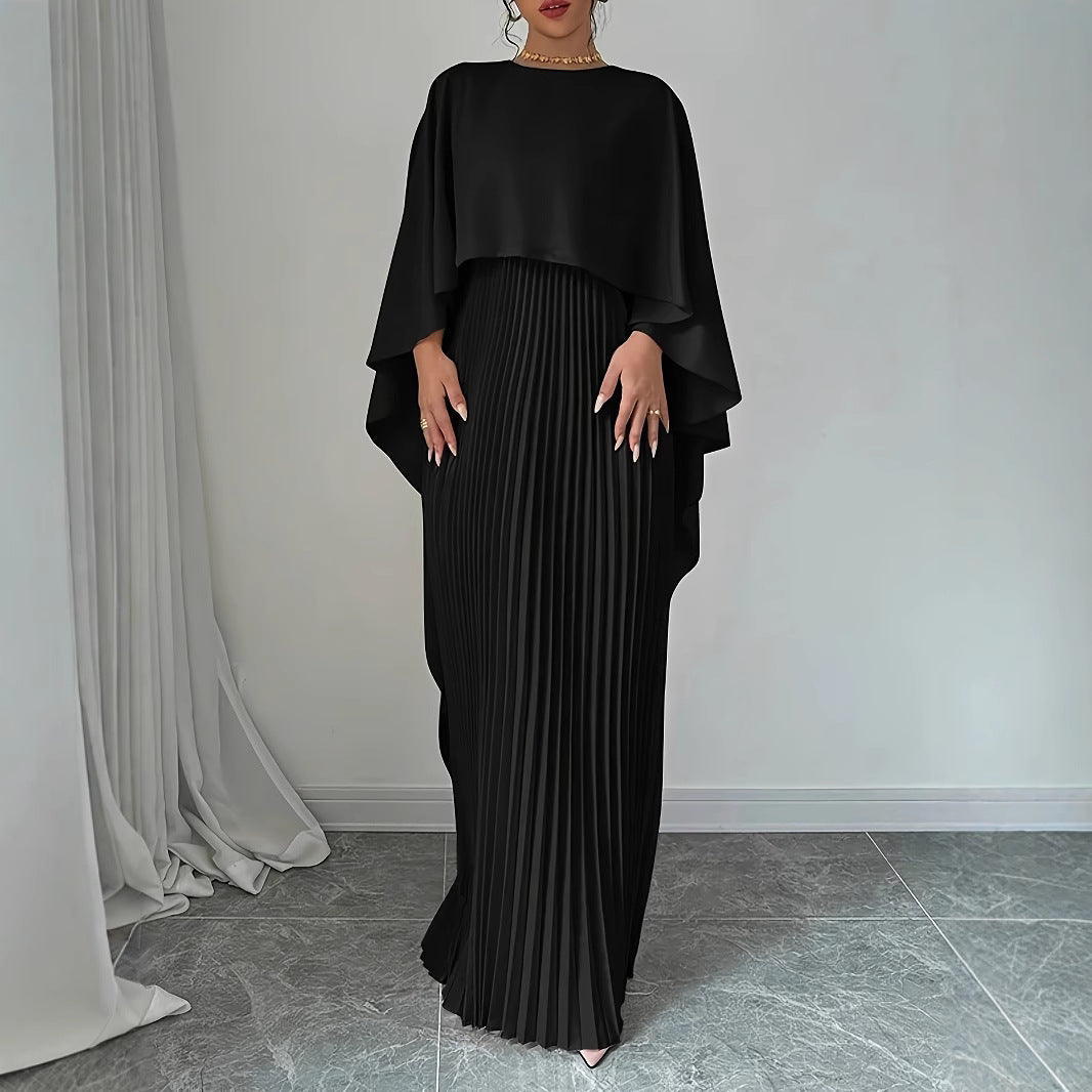 Damen Maxikleid – Chiffon Look – Fliessender Schnitt – Faltenrock – Fledermausärmel – Hoher Kragen