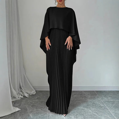 Damen Maxikleid – Chiffon Look – Fliessender Schnitt – Faltenrock – Fledermausärmel – Hoher Kragen
