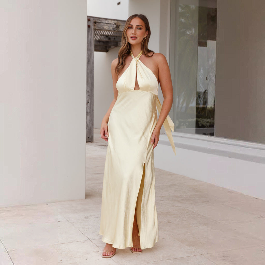 Damen Abendkleid – Satin – Halterneck mit Frontschlitz – Figurbetont – Lang