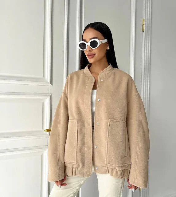 Damen-Bomberjacke - Oversized-Passform - Stehkragen - Mit Druckknöpfen und Taschen