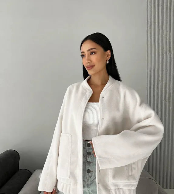 Damen-Bomberjacke - Oversized-Passform - Stehkragen - Mit Druckknöpfen und Taschen