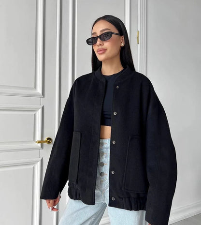 Damen-Bomberjacke - Oversized-Passform - Stehkragen - Mit Druckknöpfen und Taschen