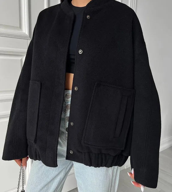 Damen-Bomberjacke - Oversized-Passform - Stehkragen - Mit Druckknöpfen und Taschen