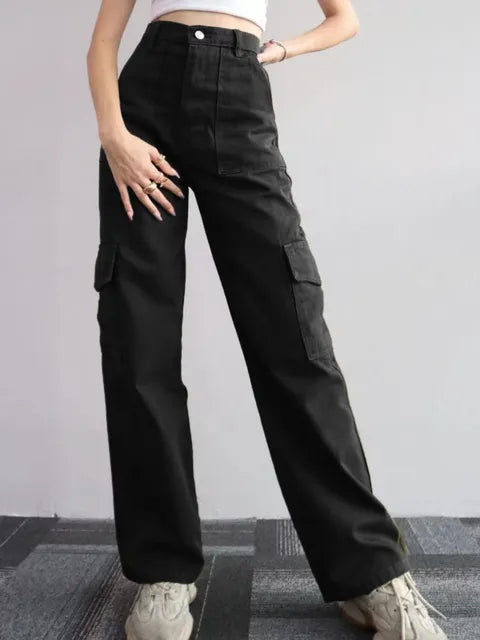 Damen Cargo Hose - High Waist - Weites Bein - Mehrere Taschen - Lässiger Stil