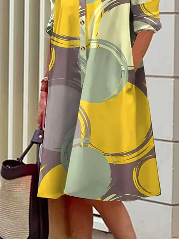 Damen Kleid - Lockere A-Linie - Knopfleiste & Kragen - 3/4-Ärmel mit Taschen