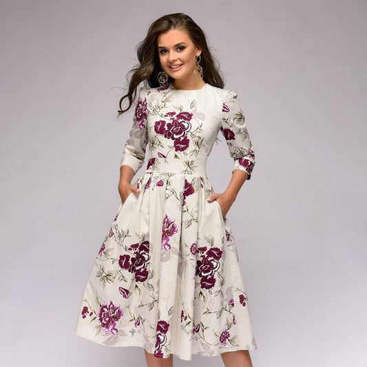 Damen A-Linien Kleid – Florales Muster – 3/4-Ärmel – Rundhalsausschnitt – Mit Taschen