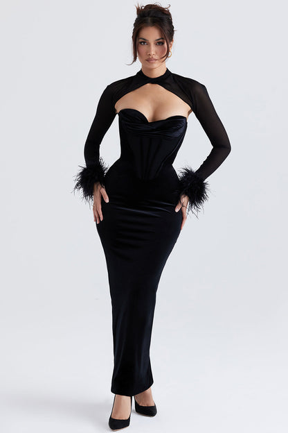 Damen Maxikleid – Samt – Korsett-Oberteil – Transparente Ärmel – Federbesatz