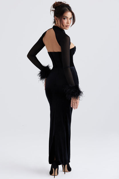 Damen Maxikleid – Samt – Korsett-Oberteil – Transparente Ärmel – Federbesatz